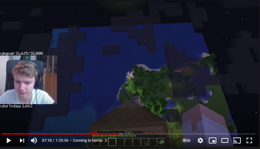 A screenshot from Tommy's stream. He's sitting on top of the dirt pillar much higher in the sky now, even far above the clouds. You can barely see the camp below. Most of the screen is the endless blue ocean. Tommy's facecam show's he's disgruntled.